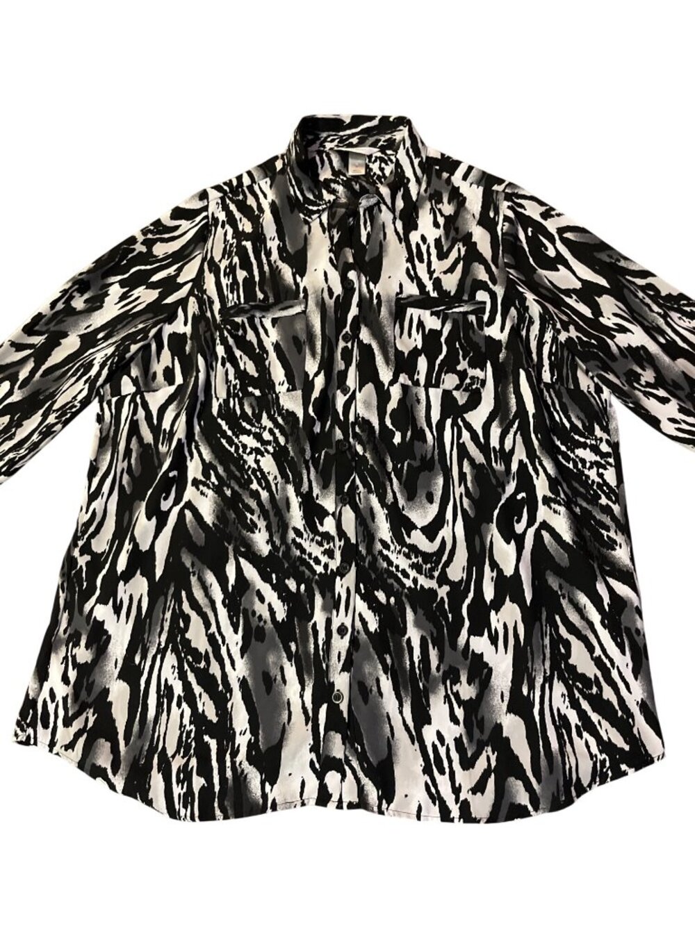 CJ Banks Blouse 2X Plus Animal Print Black White Button Down Used Convertible Ar - Picture 12 of 12